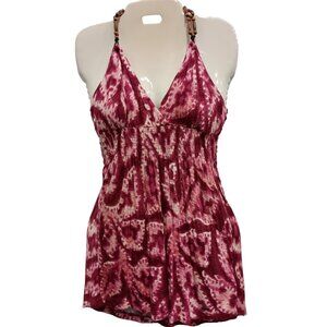 Vintage Y2K Guess Babydoll Halter Top Large Pink Tie Dye Smocked Beaded